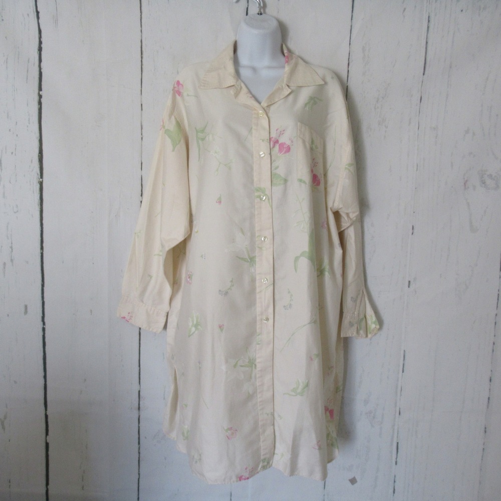 Yves Delorme Sleep Shirt L Cream Floral Night Pajamas Nightgown 100% Cotton